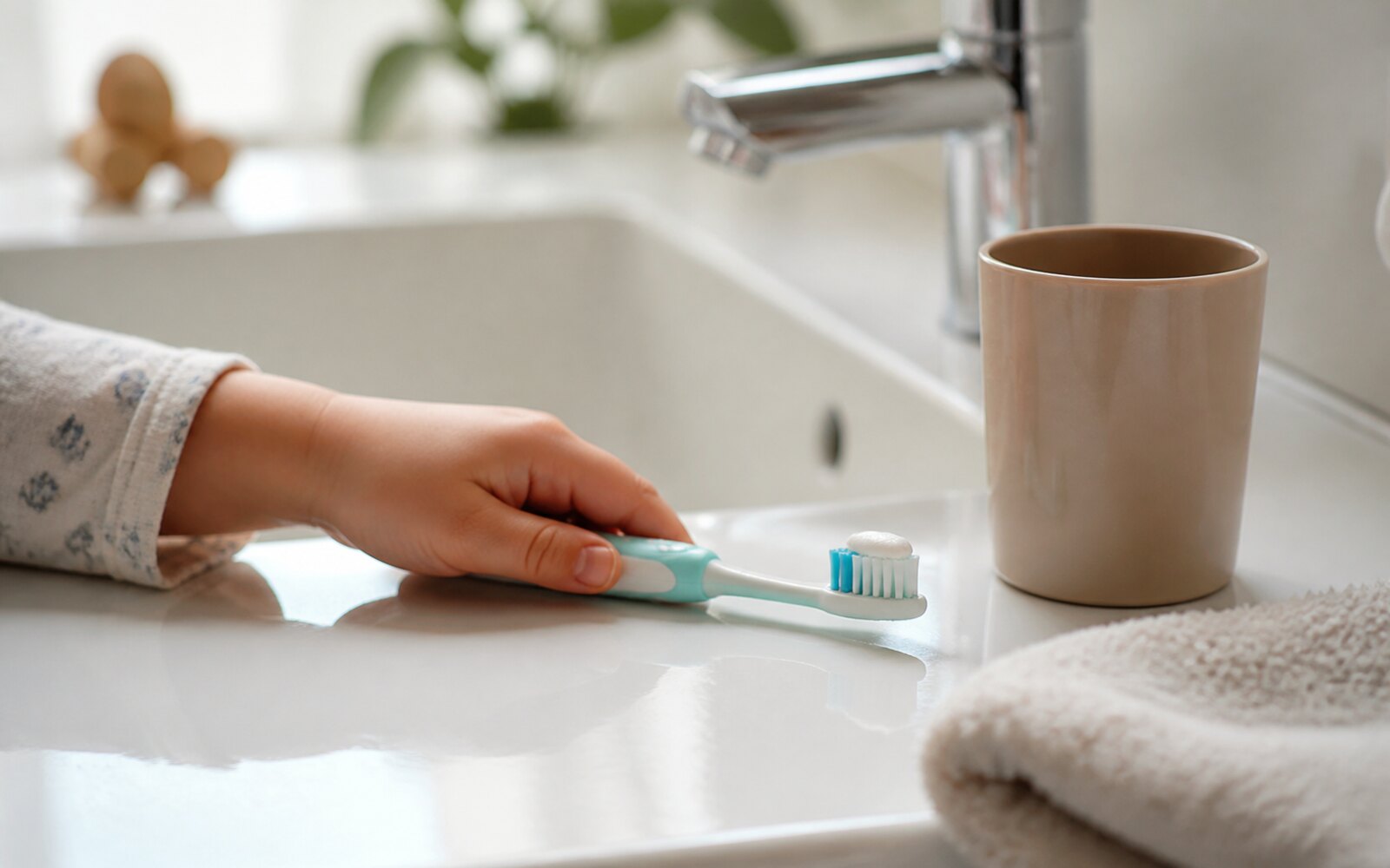 Brosse à dents enfant et petit tube de dentifrice posés près d'un verre