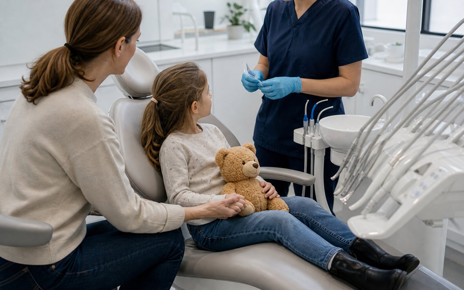 Enfant assis sur un fauteuil dentaire avec un parent à côté