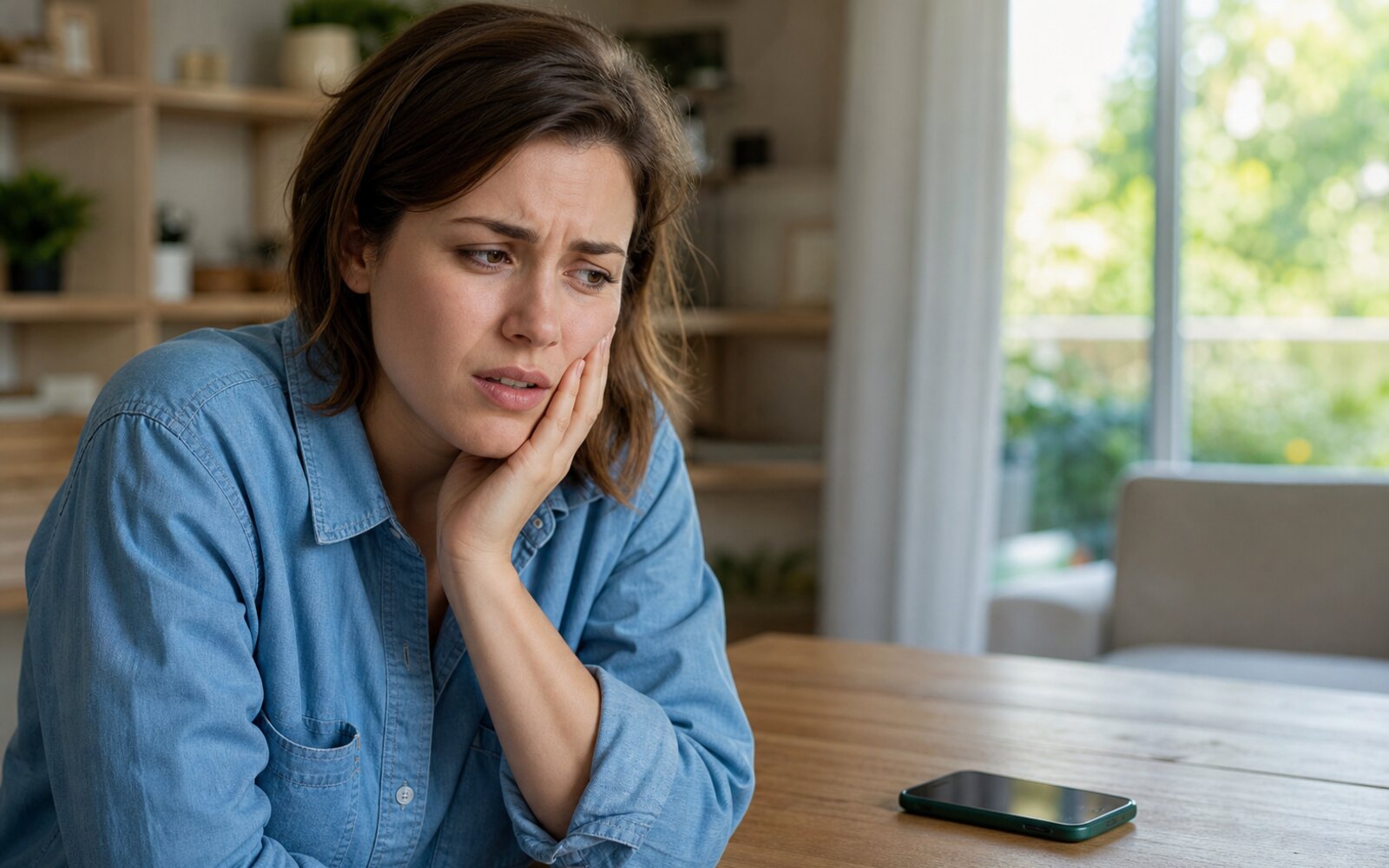 Personne tenant sa joue près d'un téléphone pour appeler un cabinet dentaire