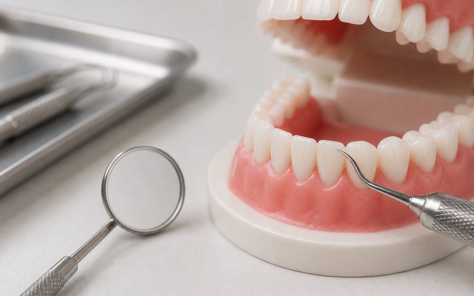 Instrument de détartrage placé près d'une dent sur un modèle pédagogique