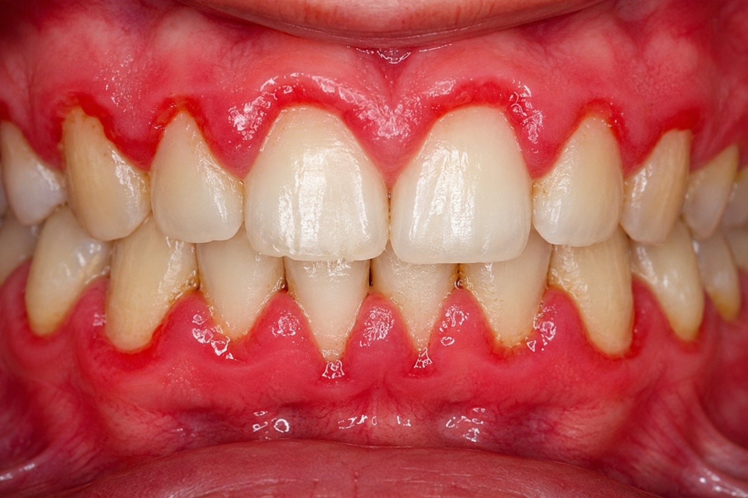 Sourire rapproché montrant la jonction entre dents et gencives