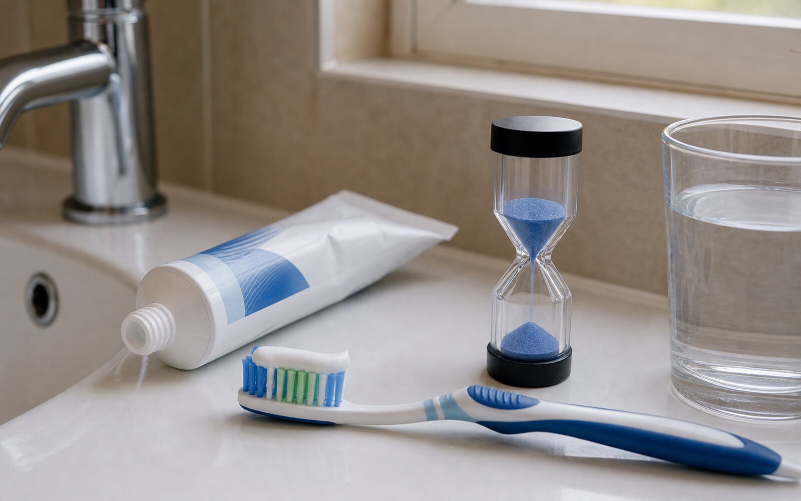 Brosse à dents et dentifrice fluoré posés près d'un sablier de deux minutes