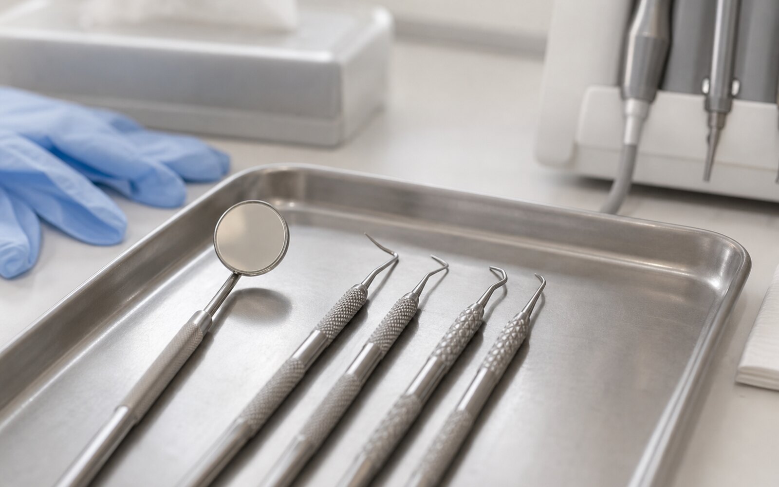 Instruments de détartrage préparés à côté d'un miroir dentaire